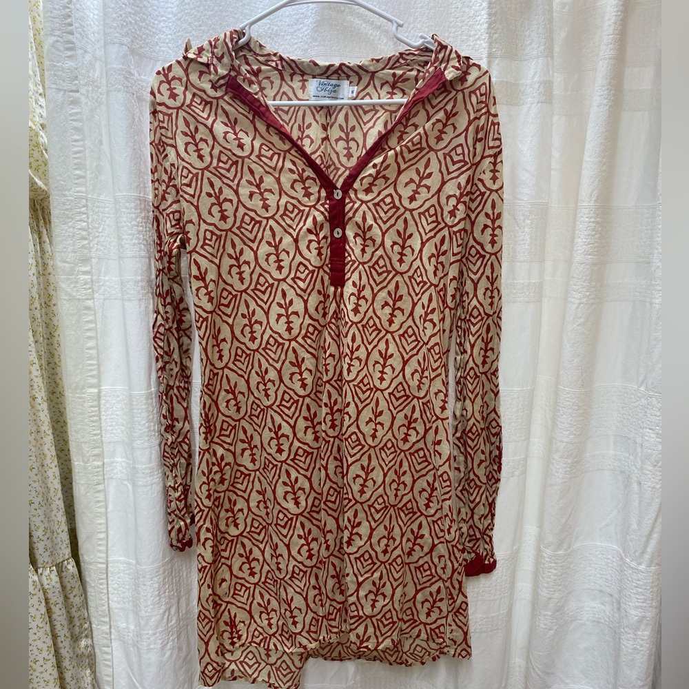 Vintage Ibeza Red and Cream Long Sleeve Dress 100% cotton